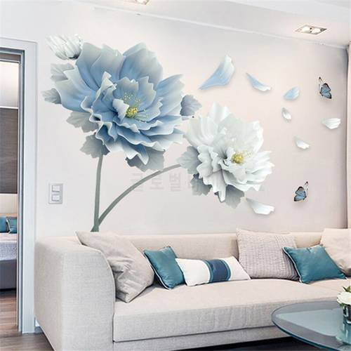 Large White Blue Flower Lotus Butterfly Removable Wall Stickers 3D Wall Art Decals Home Decor Mural Art for Living Room Bedroom