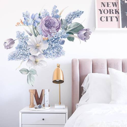 Romantic Purple Flowers Wall Sticker Home Wall Decoration Living Room Bedroom Decor Water Color Wallpaper Self-adhesive Stickers