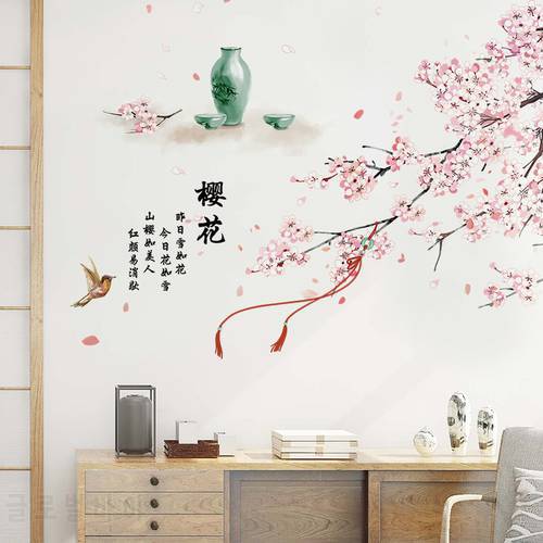 121*85CM Cherry Blossom Flower Wall Stickers Waterproof Living Room Bedroom Wall Decals Vase Decors Murals Poster Vintage Vinyls