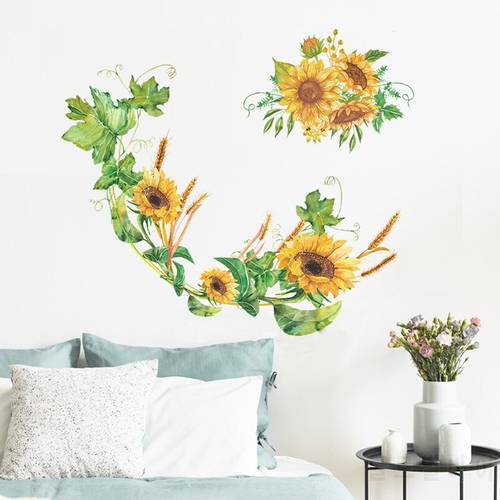 Painted Sunflower Bouquet Leaves Wall Stickers Living Room Bedroom Home Decoration Wallpaper Beautiful Flowers Beautify Sticker