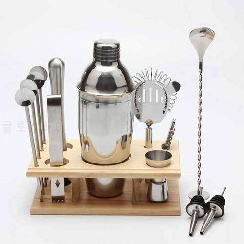 14PCS Shaker Bar Barware Drink Bartender Set Of Accessories Cocktail Tools With Storage Wooden Stand 750ML Stainless Steel