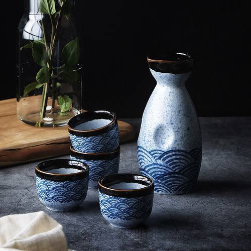 Household Sake Wineware Sea Ripple Ceramic Sake Cup Dispenser Liquor Cup Japanese Sake Shochu Kettle Set
