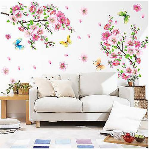3D Pink Removable Peach Plum Cherry Blossom Flower Butterfly Vinyl Art Decal wall Home Sticker Room Decor
