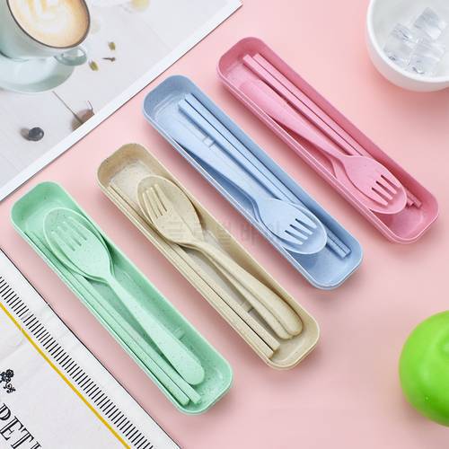 Environmental Portable Reusable Spoon Fork Travel Picnic Chopsticks Wheat Straw Tableware Cutlery Set With Carrying Box