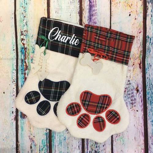 1Pcs Merry Christmas Plaid Dog Paw and Cat Paw Christmas Stockings Toy Cookie Storage Bag Claus Tree Ornament Festival Supplier