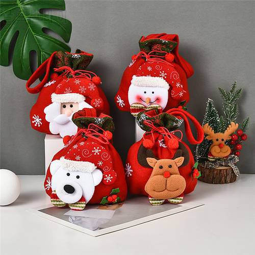 Santa Claus Christmas Decorations For Home Snowman Cloth Gift Bags With Handles For Cookie Candy Drawstring Merry Bags