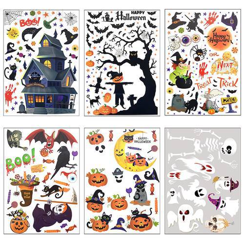 Cartoon Pumpkin Bat Halloween Wall Stickers Glass Window Sticker Halloween Decoration For Home DIY Horror Props Party Suppiles
