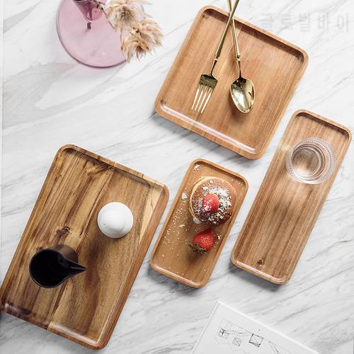 1PC Acacia Wood Serving Tray Square Rectangle Breakfast Sushi Snack Bread Dessert Cake Plate With Easy Carry Grooved Handle