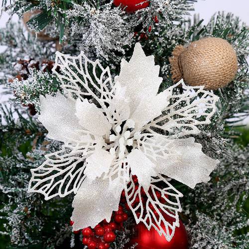5Pcs Glitter Artifical Christmas Flower Christmas Tree Decorations Home Fake Flowers Christmas Ornaments New Year Decorations