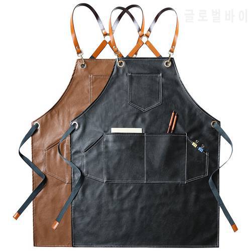 PU Leather Waterproof Women Apron Nail Salon With Pokets For Kitchen Accessories Cafe Cooking Baking Cafe Pinafore Logo Printing