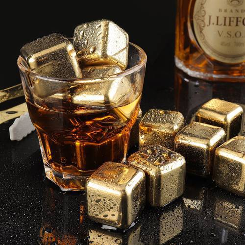 Golden Reusable 304 Stainless Steel Whisky Stones With Tongs Food Grade Quick Frozen Chilling Ice Cube Cooler For Wines & Drinks