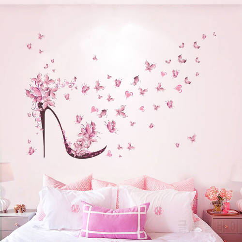 Creative high-heeled Shoes Flying Butterflies Flowers Wall Stickers Home Decor Living Room Diy 45*60cm Wall Decals Pvc Mural Art