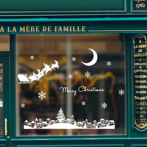 Santa Claus Moonlight Town Christmas Wall Sticker For Glass Window Showcase Festival Home Decoration Wallpaper New Year Stickers