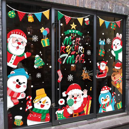 Christmas Sticker Decals Santa Claus Hot Air Balloon Shopping Mall Windows Static Stickers DIY Adhesive Christmas Decorative