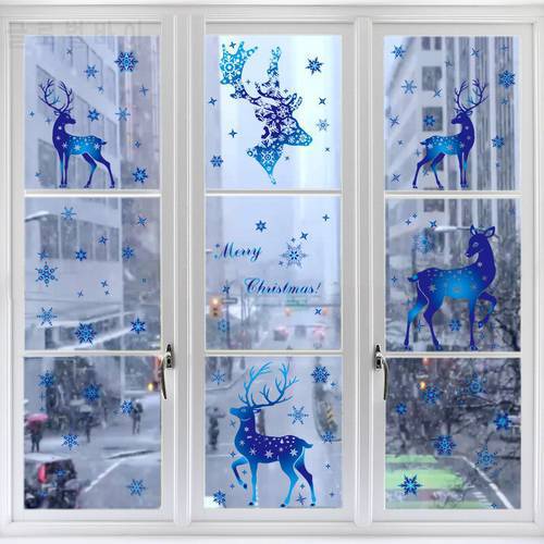 Removable Christmas Static Sticker Santa Elk Window Stickers Blue Snowflake Wall Decals New Year Party Glass Ornament Xmas Decor