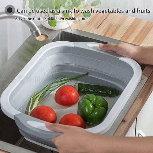 4 IN 1 Folding Cutting Board Basket Collapsible Dish Tub With Draining Plug Colander Fruits Vegetables Wash Drain Sink Storage