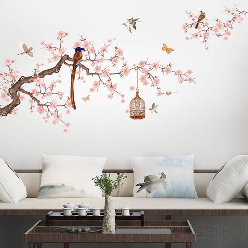 Chinese Style Flower Bird Illustration Wall Sticker Living Room Sofa Background Decor Decals Wallpaper Home Decoration Stickers