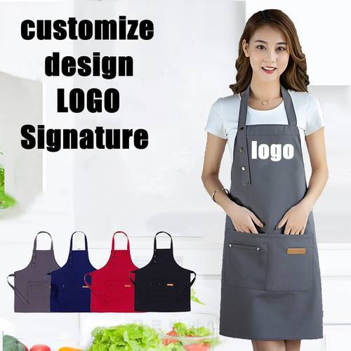 Custom design logo unisex canvas workapronadjustable black bib waiter pub salon cafe kitchen apron with tool bag restaurant cape