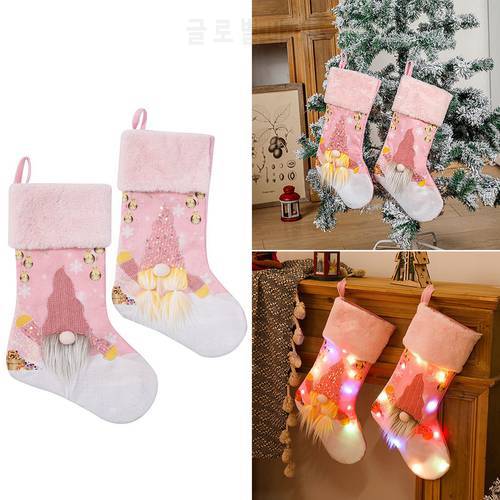 Pink Christmas Sparkly Socks With Snowman Santa Elk Bear Printing Xmas Candy Gift Bag Fireplace Xmas Tree Decoration New Year
