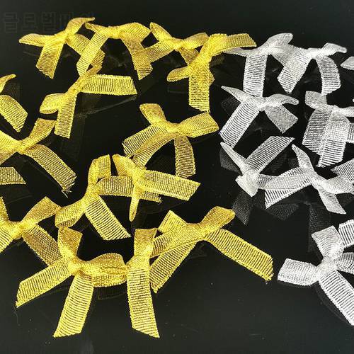 (200 Pcs/pack) Gold And Silver 10ｍｍ Width Metallic Glitter Ribbon Bows Small Size Ribbon Bow Handmade DIY Craft Decoration