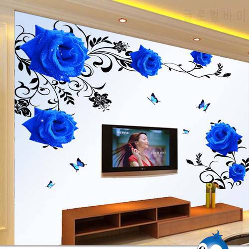 Big blue rose wall stickers home decor removable self adhesive flower wall decals for living room