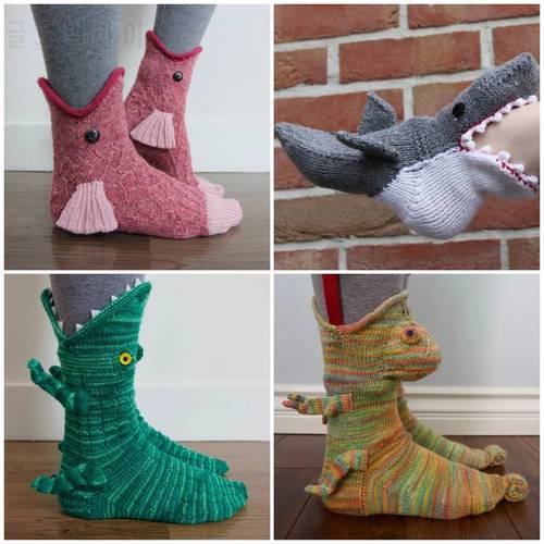 Christmas Gift Shark Fish Chameleon Knit Crocodile Socks Winter Warm Floor Sock for men women