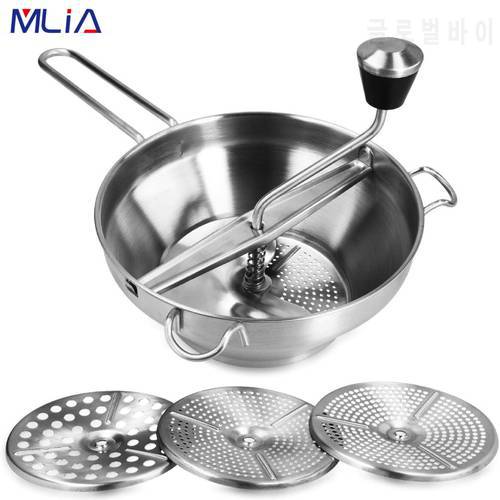MLIA Stainless Steel Food Mill Rotary Food Mill Vegetable Strainer Potato Masher Grinder with 3 Milling Discs 1 Quart Capacity