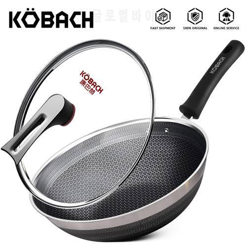 KOBACH kitchen wok 32cm nonstick pan stainless steel wok honeycomb wok double pattern wok frying pan with lid