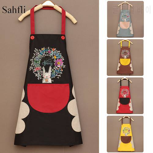Pretty Flower Rabbit Pattern Waterproof Cooking Aprons for Home Kitchen HDesign Sleeveless Bib Apron Dress with Pocket