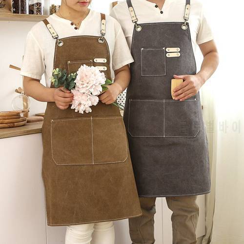 2022 New Fashion Unisex Work Apron For Men Canvas Black Apron Adjustable Cooking Kitchen Aprons For Woman With Tool Pockets