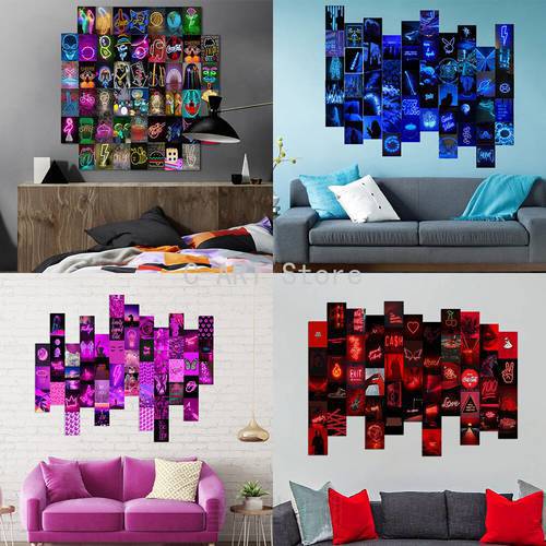 50 Pieces of Various Colors Neon Light Series Picture Wall Stickers Collage Character Pattern Pink Red Blue Card Wall Stickers