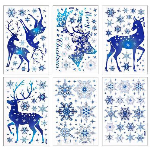 Christmas Window Stickers Blue Deer Elk Snowflakes Glass Window Stickers Merry Christmas Home Decoration Room Bathroom Decor
