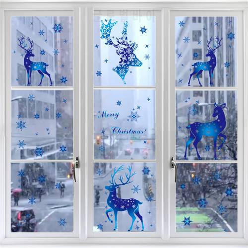 Christmas Sticker On Window Blue Elk Sika Deer Snowflake Stickers Winter Wall Decals New Year Sticker 2022 Christmas Window