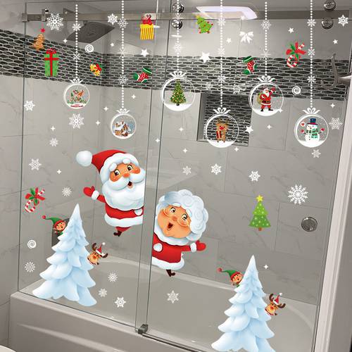 Merry Christmas Window Wall Stickers Snowman Santa Deer Elk Snowflake Pattern Wall Papers Sticker Party Home Decorations