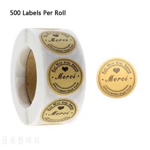 500pcs Natural Kraft Merci French Thank You Fait Main Avec Amour labels Stickers for DIY Seal Label Baking Package Shipping