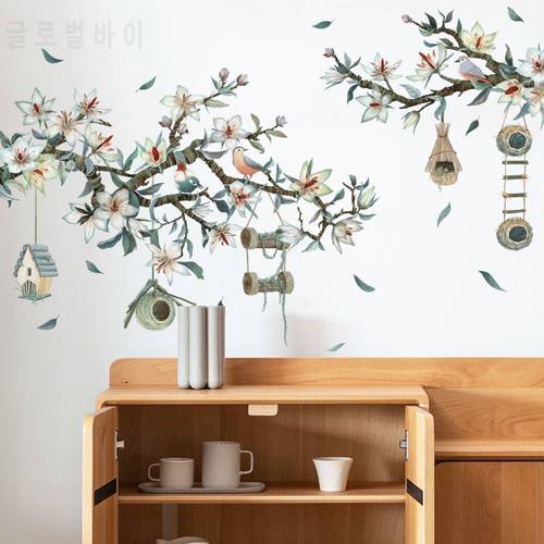 Magnolia Branch Wall Stickers for Bedroom Living room Sofa TV Background Wall Decor Birds Nest Sticker Home Decor Wallpapaers