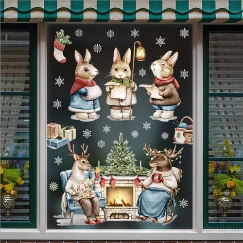 2022 Winter Christmas Glass Decoration Stickers Rabbit Christmas Tree Elk Kid&39s Room Window Decor Decals