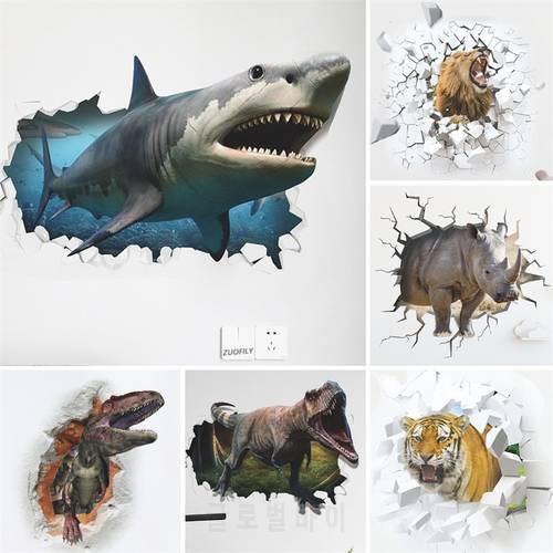 3D Vivid Lion/Pig/Rhino/Tiger/Shark/Dinosaur Wall Stickers Bathroom Home Decoration Fierce Animals Mural Decal Home Decoration