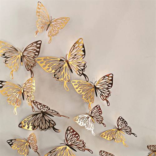 12pcs3D Metal Texture Cut Out Butterfly Wall Sticker Living Room Bedroom Three Dimensional Butterfly Stick Home Wedding Decorati
