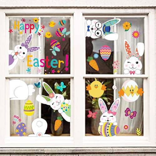 Easter Home Stickers Bunny Hare Window Wall Cartoon Stickers Easter Deco Girl Favors Easter Gifts Bedroom Decor