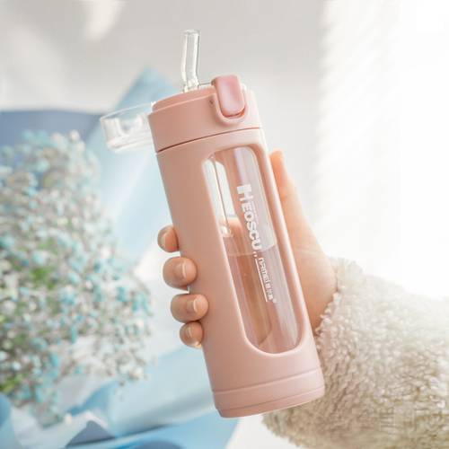 Double Portable Glass Cute Water Bottle Kawaii Cup Tumbler With Straw Gifts for Girls Milk Coffee Juice vaso con tapa y pajita