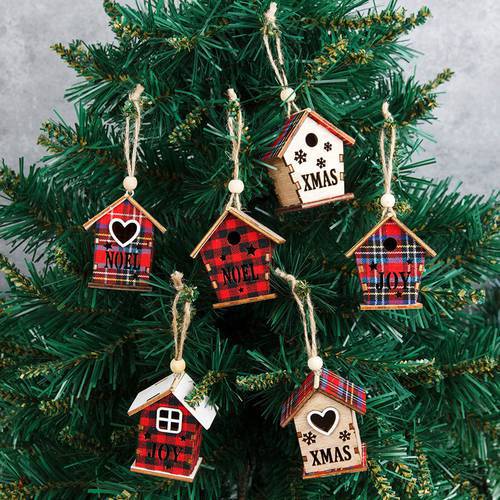 Creative Wooden Red House Christmas Ornaments Wooden House Pendant Small Ornament Christmas Tree Decoration Navidad