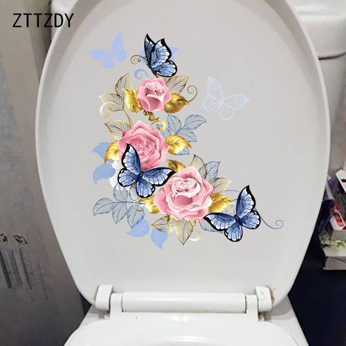 ZTTZDY 23CM×25.6CM Exquisite Flower Illustration Home Wall Decor Pink Rose Blue Butterfly Toilet Stickers T2-0889