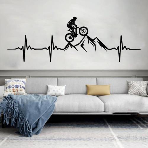 MTB Mountain Bike Heartbeat Wall Decal Living Room Bedroom Man Mountain Biker Downhill Bicycle Wall Sticker Playroom Vinyl