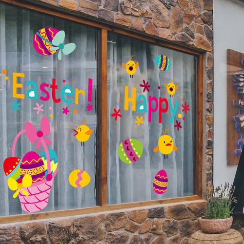 Happy Easter Window Stickers Rabbit Eggs Chick Wall Stickers Easter Decorations for Home 2022 Easter Party Bunny Wall Decals