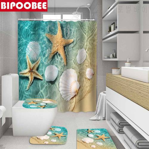 Sea Starfish Shell Print Shower Curtain Bathroom Curtains Set Ocean Beach Seaside Bath Mat Non Slip Carpet Fabric Bathtub Screen