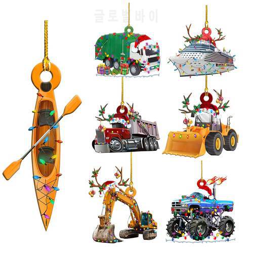 Wooden Christmas Pendant Mini Hanging Car Truck Excavator Sailboat Xmas Tree Decoration For Party New Year 2022 Home Decor Gifts