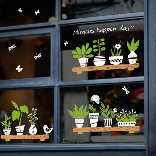 Self Adhesive Pvc Decals Wall Stickers Flower Potted Plant Pot Shop Glass Door Window Wall Stickers Removable Decoration