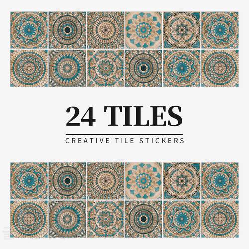 24pcs Mandala Retro Pattern Glossy Tiles Sticker Transfers Cover for Kitchen Bathroom Tables Hard-wearing Wall Decals Waterproof