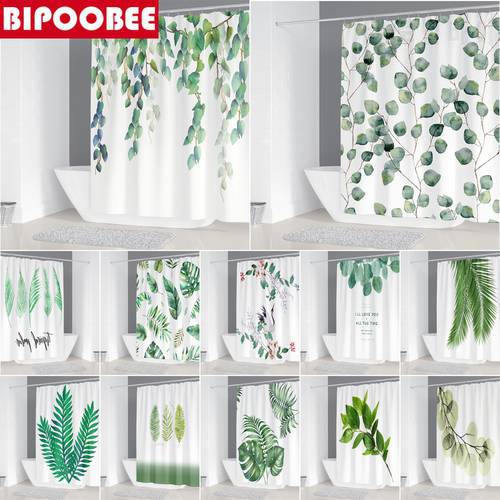 3D Green Leaves Printed Shower Curtain Waterproof Fabric Bathroom Curtains Durable Polyester Plants Bathtub Screen Home Decor